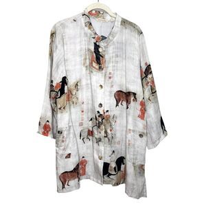 Soft Surroundings Shirt Womens XL White Asian Horse Print Button Front Tunic
